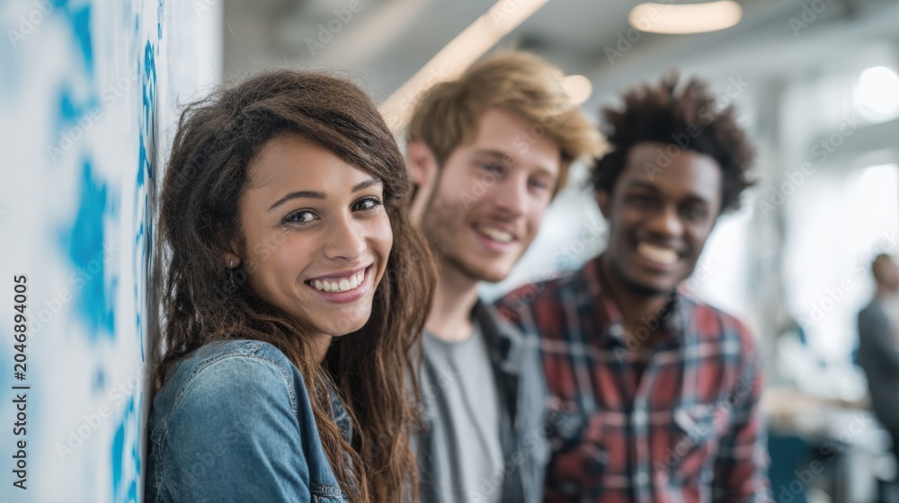 Obraz premium Diverse group of young friends smiling and standing together in a modern indoor setting