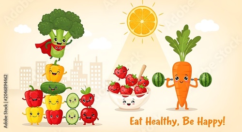 Colorful healthy food and lifestyle illustration with vegetables.