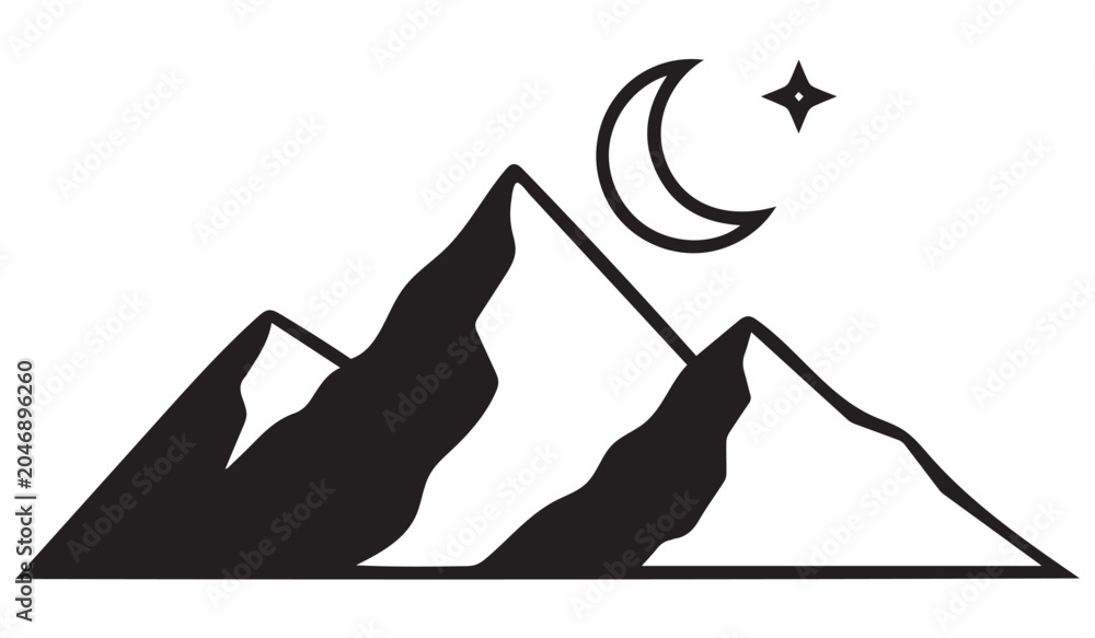 Fototapeta premium Black silhouette of hills with crescent moon and star against a white background astronomy celestial