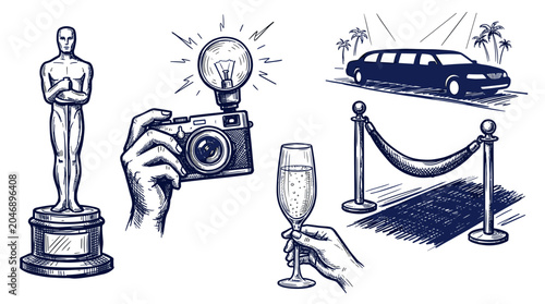 Hollywood movie premiere red carpet event with Oscar award limousine champagne and paparazzi camera