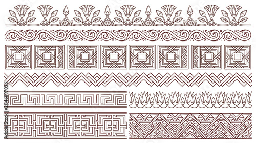 Collection of ancient Egyptian and Greek decorative borders and ornaments
