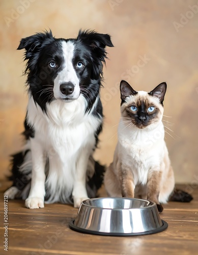 Dog and cat sitting by bowl.