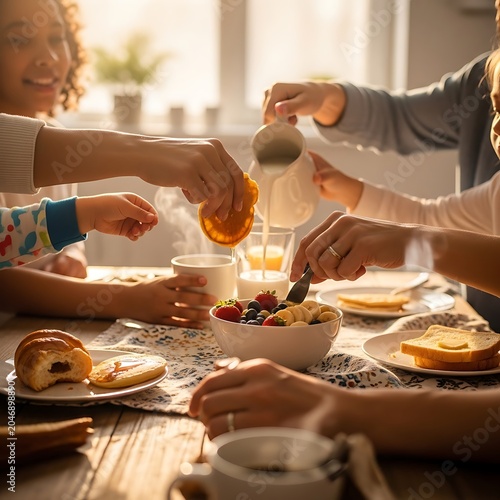 Woman enjoying breakfast with coffee and pastries.