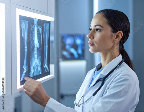 Female doctor analyzing medical x-ray images.