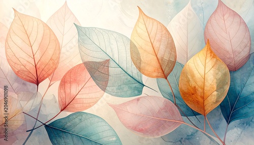Pastel Watercolor Leaves Art.