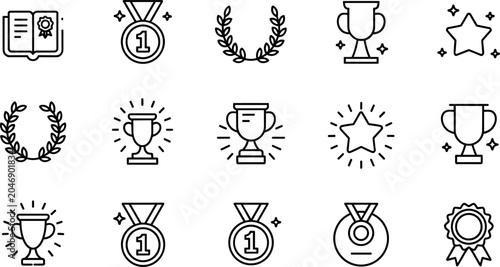 Tableau sur toile Award and Trophy Line Icon Set with Gold Medals Laurel Wreaths Stars and Certifi
