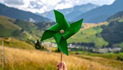 Green pinwheel in rural landscape scene.
