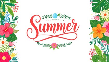 A vibrant seasonal greeting displays "Summer" in elegant red script surrounded by floral arrangements and leafy borders