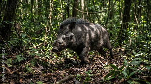 A wild boar running through the dense tropical forest.