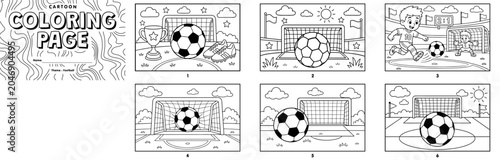 Photos A printable cartoon coloring page set featuring children playing football, soccer balls, goalposts, a trophy, and cleats on a field