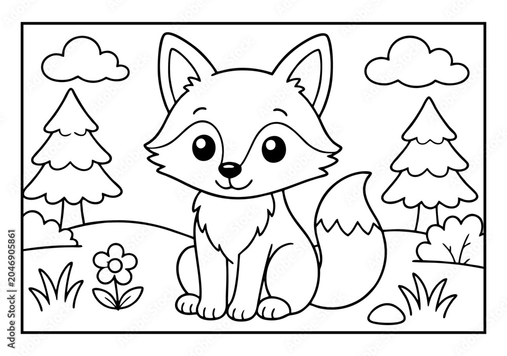 Obraz premium Cute fox coloring page for children featuring a forest landscape with trees and simple flowers