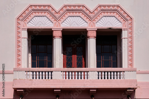 Sunbursts and zig zag borders around the balcony of the Art-Deco Former Hotel Central - Napier, New Zealand
