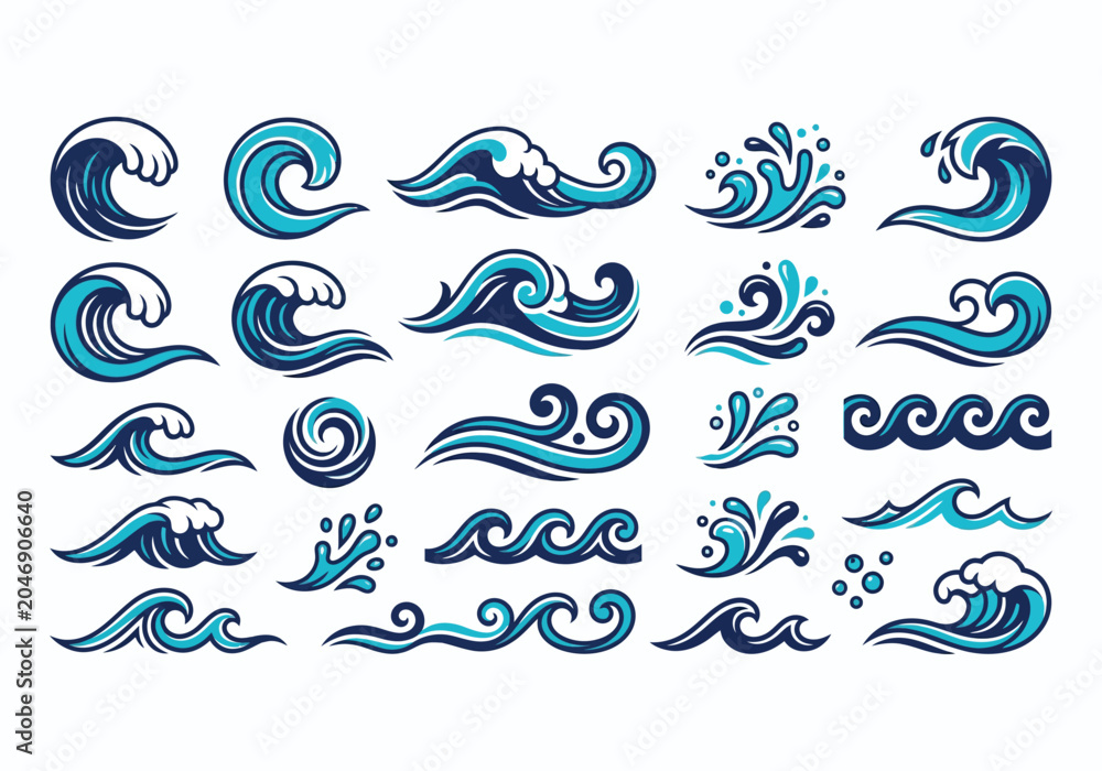 Fototapeta premium Set of hand drawn blue ocean water wave icons