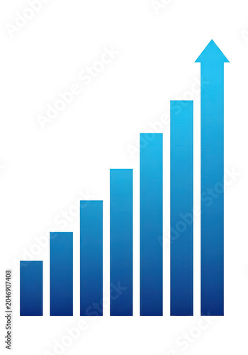 Growing upward blue bar chart with arrow isolated on transparent background