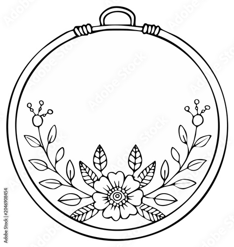 Embroidery hoop with floral and leaf design decorative border black and white line art