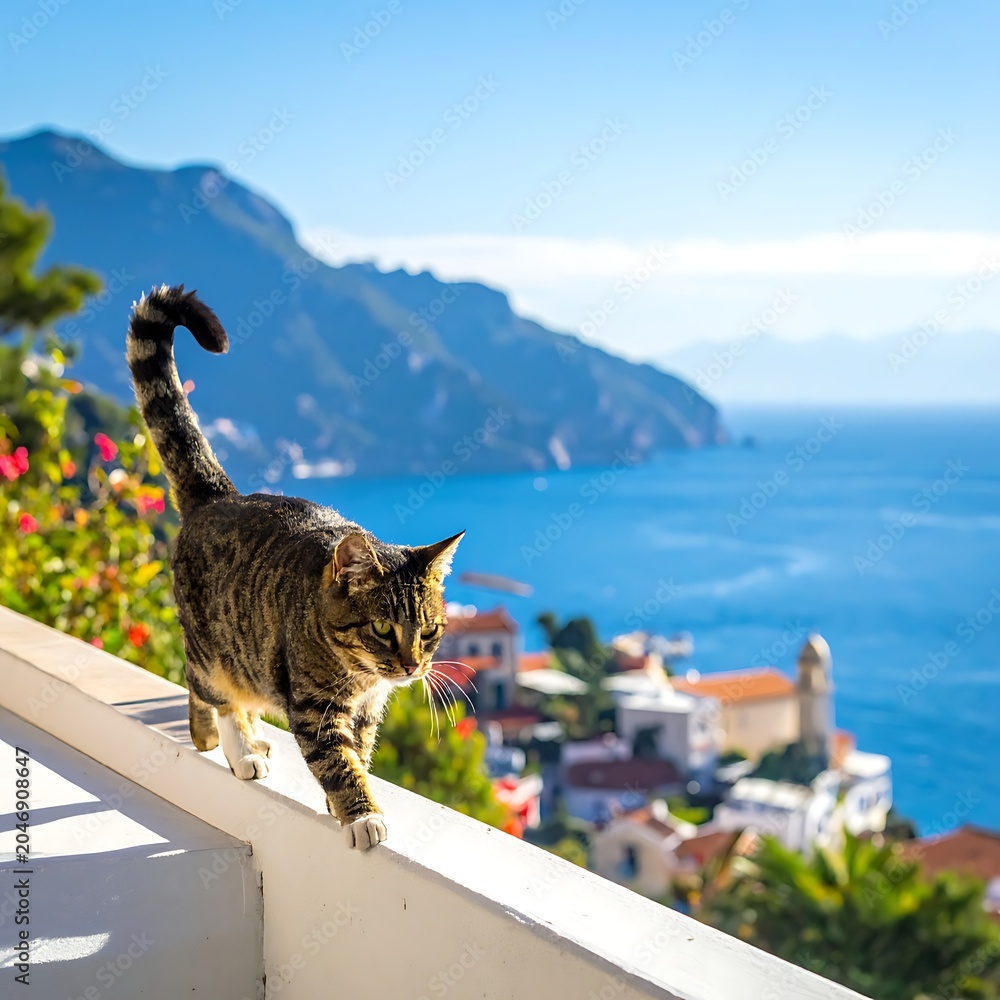 Obraz premium Brown cat on white balcony railing.