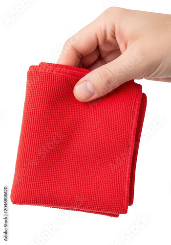 Hand holding red cleaning cloth isolated on transparent background