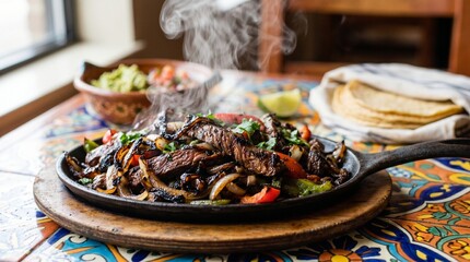 Commercial close-up food photography of sizzling beef fajitas served on a hot cast iron skillet – premium Mexican restaurant menu advertising, vibrant Tex-Mex culinary branding, and appetizing dinner 