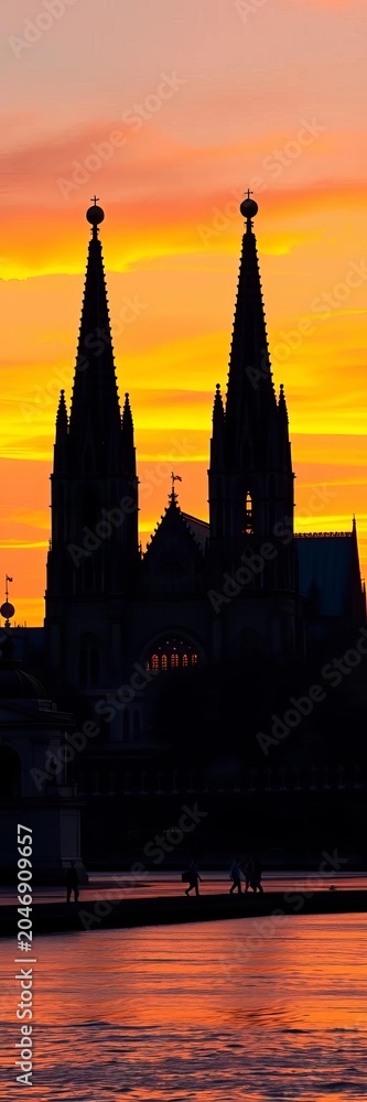 Naklejka premium Gothic cathedral silhouette with twin spires at sunset, ||towering architecture, evening sky