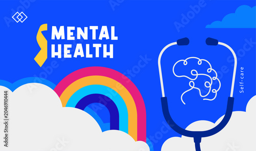 Mental health concept vector banner for wellness and self-care awareness. Creative medical illustration with rainbow, brain icon, and stethoscope for therapy, psychology, and emotional support