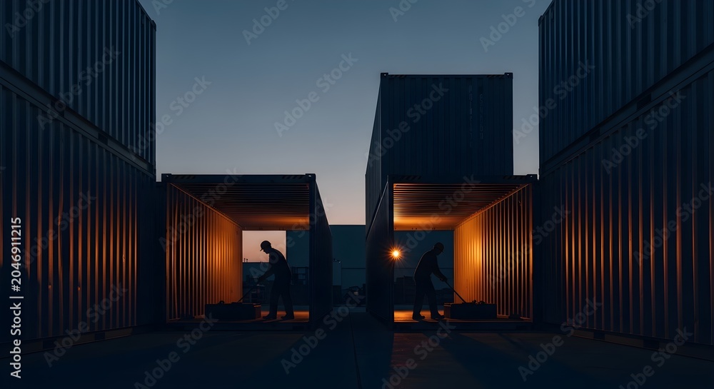 Obraz premium Two Workers In Uniforms Moving Containers At Dusk