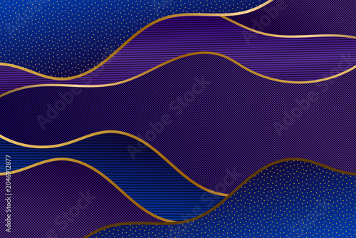 Luxury abstract background with elegant golden wavy lines on a deep blue and purple gradient canvas, decorated with subtle gold glitter dots