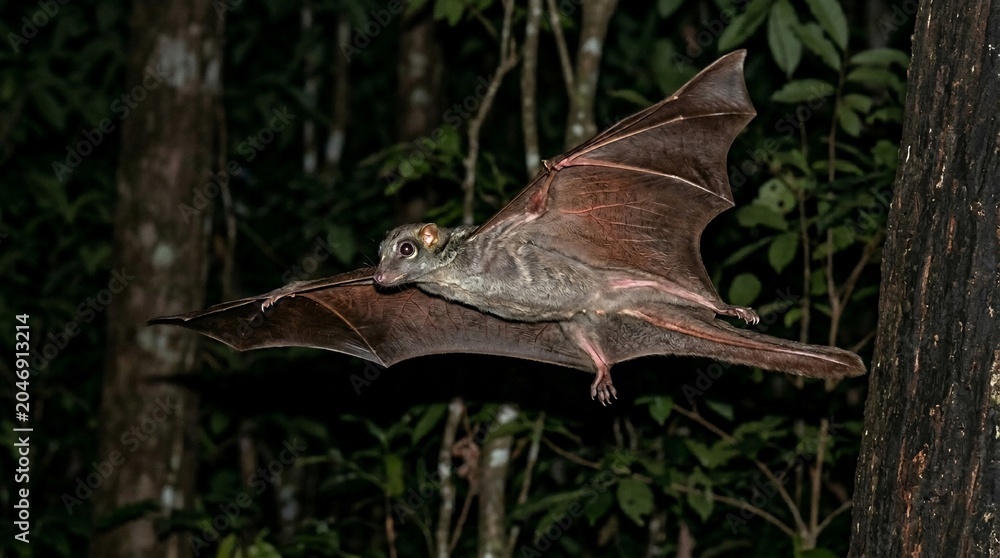 Fototapeta premium A rare Sunda flying lemur gliding through the dark rainforest at night.