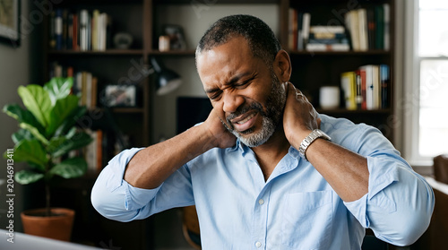 Mature black man wearing a light blue shirt experiences severe neck pain while working at his desk in soft lighting