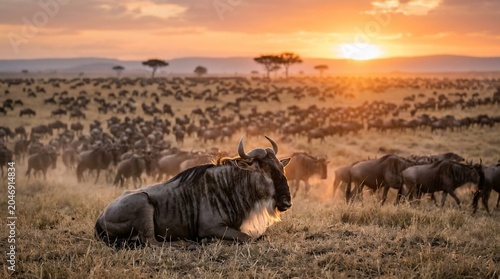 A single blue wildebeest resting in the savanna during a golden sunset.