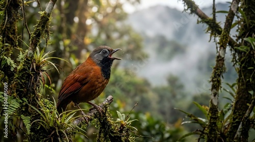 A small colorful tropical bird singing in the misty cloud forest.