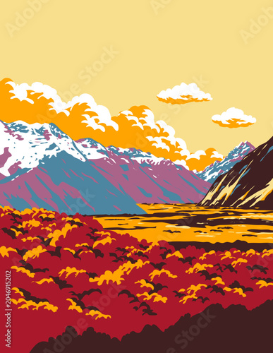 WPA poster art of Aoraki Mount Cook National Park in the Canterbury Region in the South Island of New Zealand done in works project administration or federal art project style.