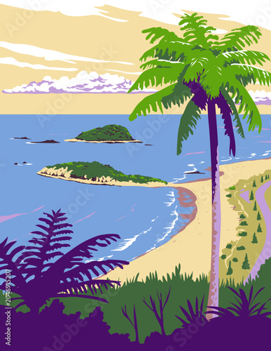 WPA poster art of Mt Maunganui Main Beach with silver fern or ponga viewed from Mount Maunganui in Tauranga, New Zealand done in works project administration or federal art project style.