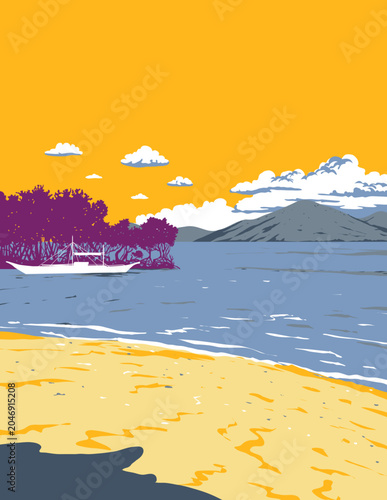 WPA poster art of a pristine beach in Coron Island, Palawan in the Philippines done in works project administration or federal art project style.