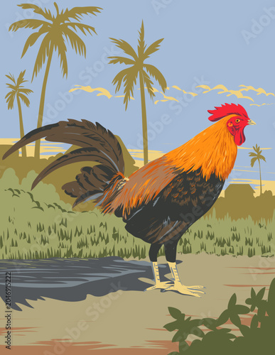 WPA poster art of a rooster, cockerel, game fowl, chicken in a farm with coconut trees in the Philippines done in works project administration or federal art project style.