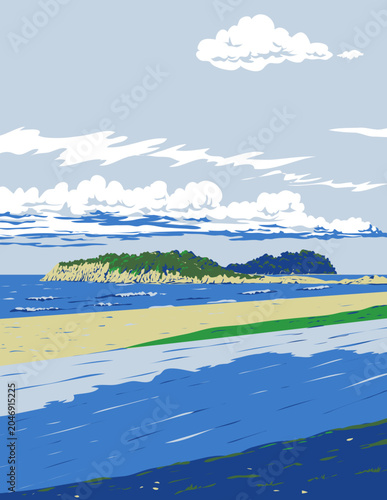 WPA poster art of the Main Beach of Mount Maunganui in Tauranga, New Zealand done in works project administration or federal art project style.
