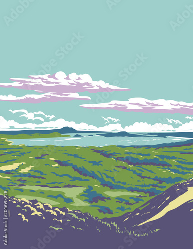 WPA poster art of view of Taal Lake, a freshwater caldera lake in Tagaytay, Batangas province on Luzon island in the Philippines  done in works project administration or federal art project style.