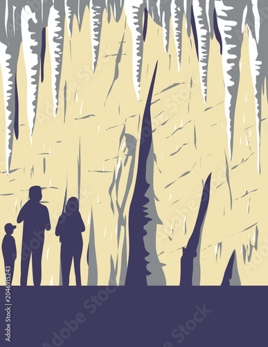 WPA poster art of the inside of Waitomo Caves in the King Country region of the North Island of New Zealand done in works project administration or federal art project style.