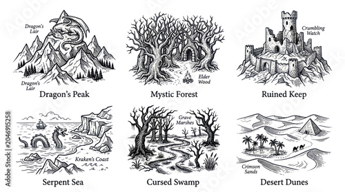 фотографія Fantasy Landscape Illustrations: Dragon Peak, Mystic Forest, Ruined Keep, Serpen