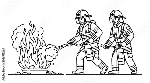 Fotografija Firefighters battling flames with water spray, emergency rescue, safety team