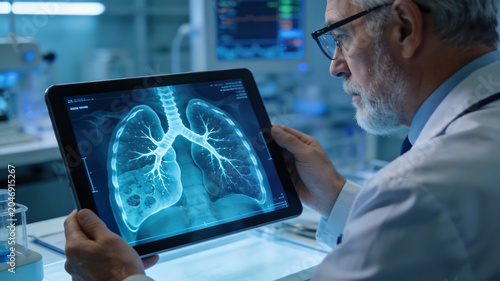 Doctor examining lung scan on tablet ideal for pharmaceutical campaigns and wellness branding