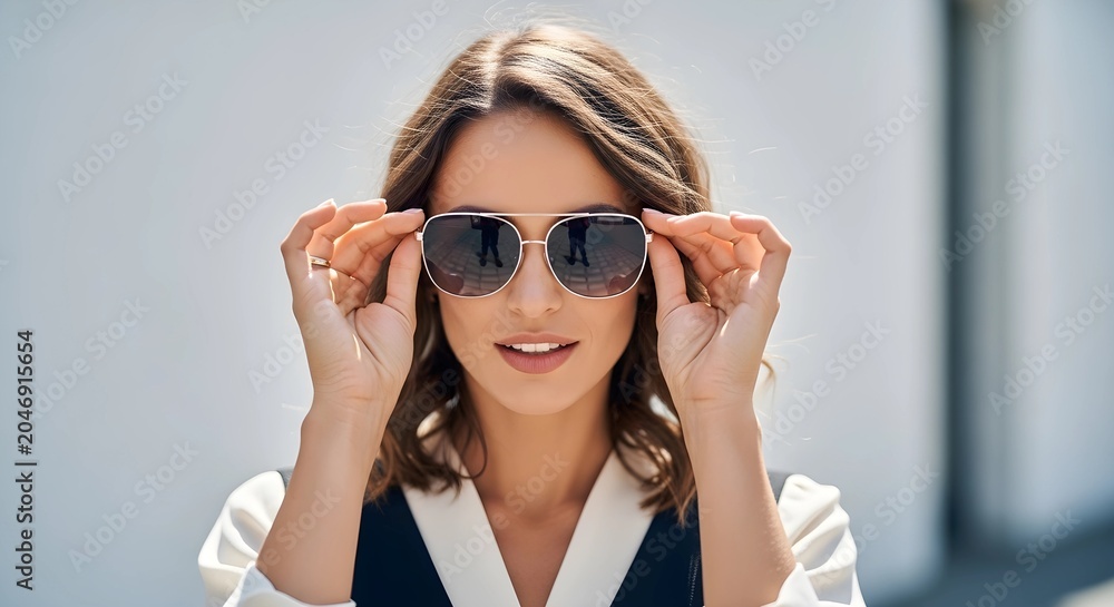 Naklejka premium Stylish Woman Adjusting Sunglasses Outdoors on a Sunny Day.