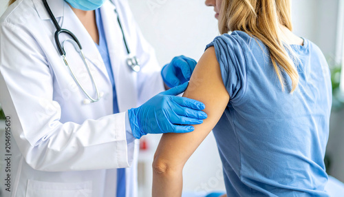 Close-up of medical staff in white gowns and blue gloves examining a patient's arm in a modern clinic.