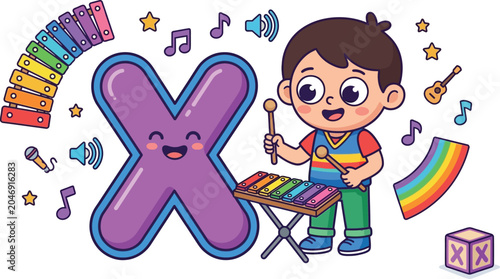 Cute Cartoon Xylophonist Character Representing the Letter X for Xylophonist on Transparent Background