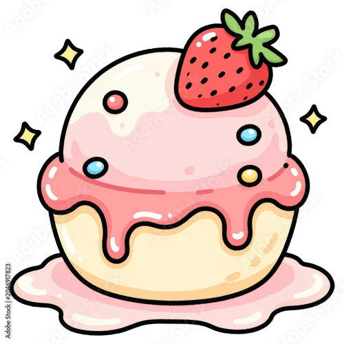 Cute Strawberry Ice Cream Cupcake Illustration: A whimsical illustration of a strawberry ice cream cupcake, adorned with a fresh strawberry and colorful sprinkles.