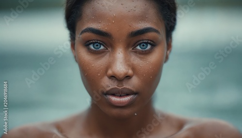 Intense Gaze: A striking close-up portrait of a woman with mesmerizing blue eyes and flawless dark skin, her expression intense and captivating against a soft, out-of-focus background.