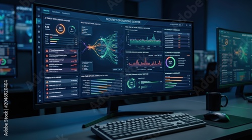 Security operations center dashboard displaying AI threat intelligence analysis, network traffic monitoring and vulnerability assessment on curved monitor