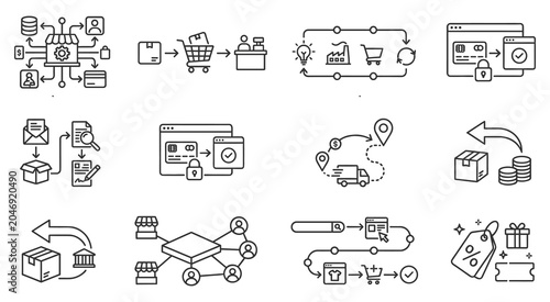 E-commerce and online shopping linear icon collection for digital payment systems.