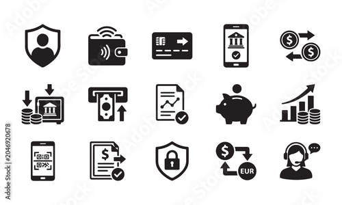 Fintech and mobile banking vector icon set, contactless payment and digital transaction icons