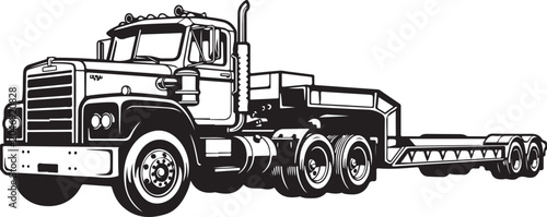 Detailed black and white vector illustration of a classic heavy duty semi truck with an empty flatbed trailer isolated on a clean white background