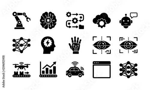 Future technology and robotics automation icon set, artificial intelligence and smart tech icons